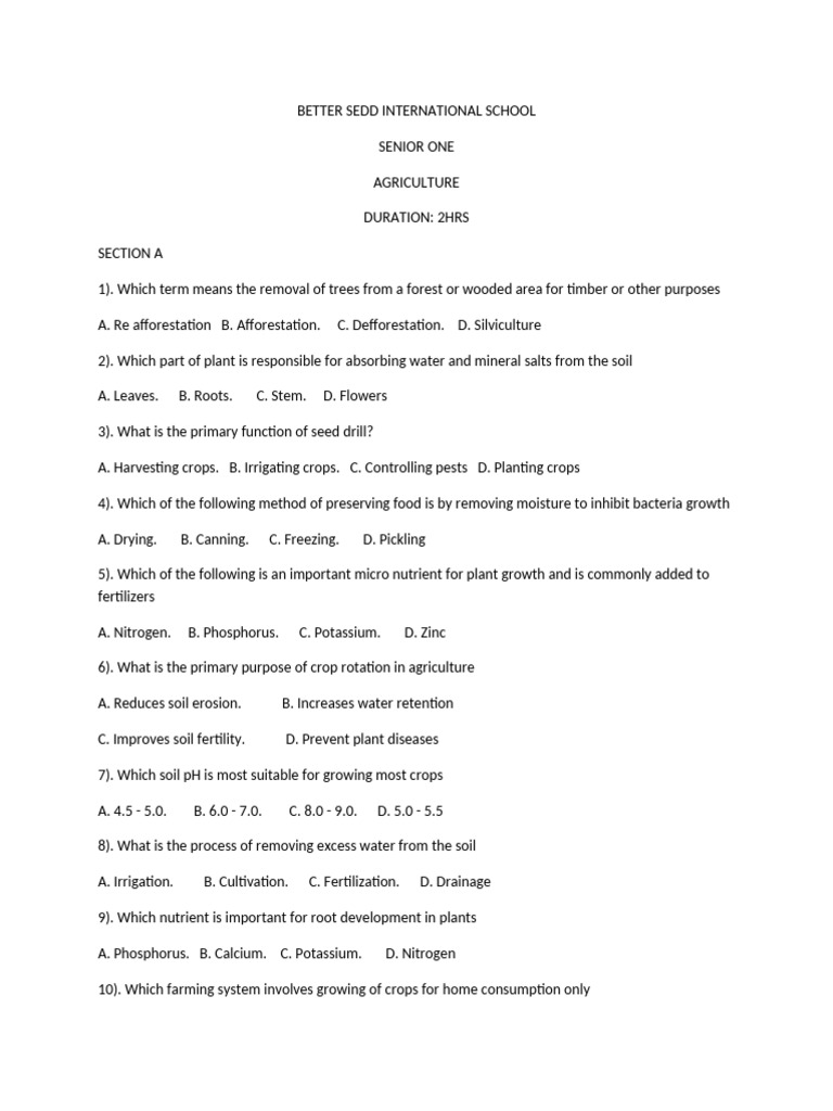Senior One Agriculture Exam Guide | PDF | Soil | Agriculture