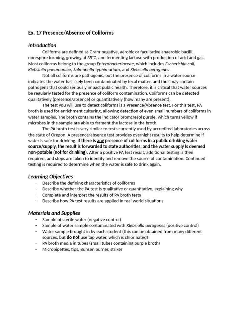 Ex 17 Presence - Absence of Coliforms | PDF | Microorganism | Organisms