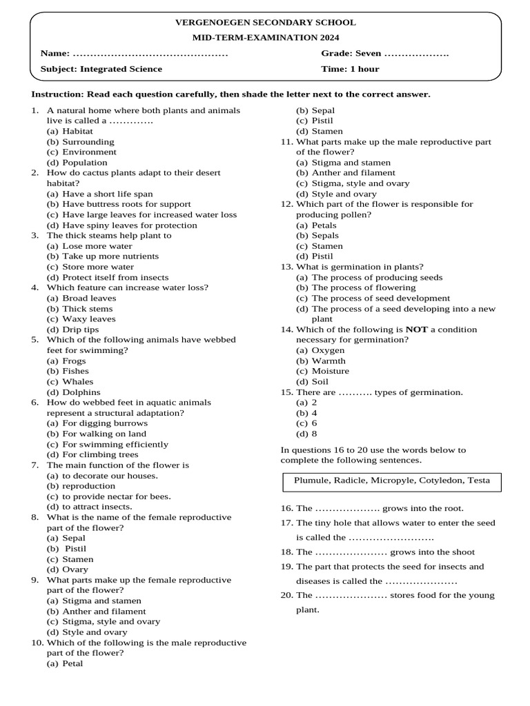 Integrated Science Exam: Plant Adaptations | PDF | Flowers | Plants