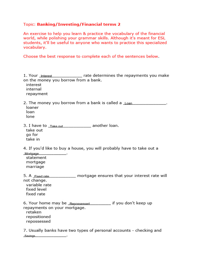 Financial Vocabulary Practice for ESL | PDF | Mortgages | Banks