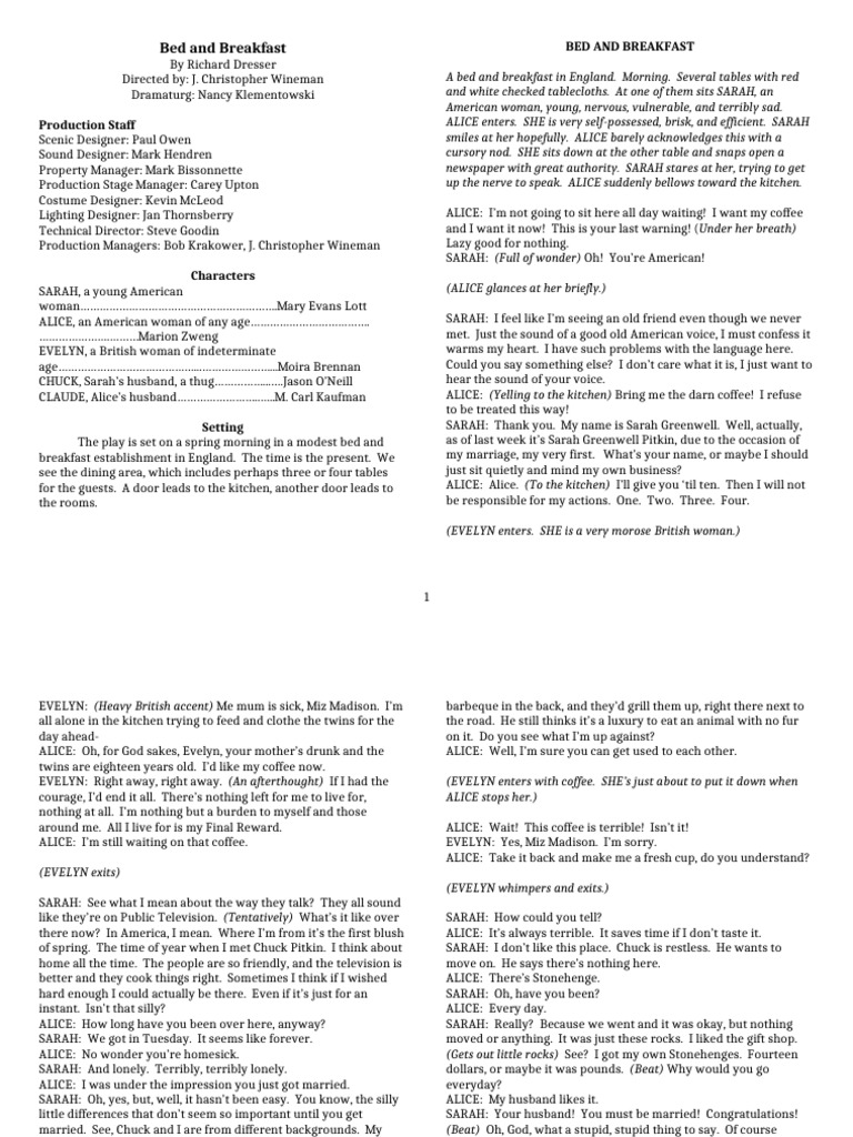 Bedlam and Breakfast Play Script | PDF