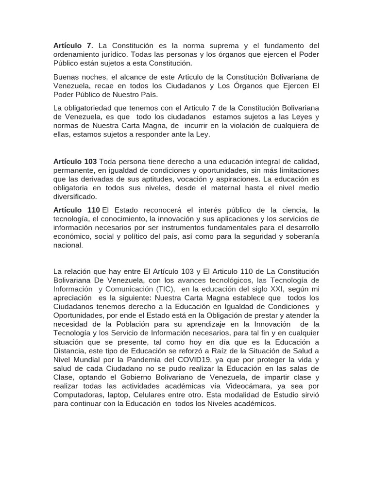 Artículo 7 De La Constitución Venezolana Pdf Ciencias Sociales