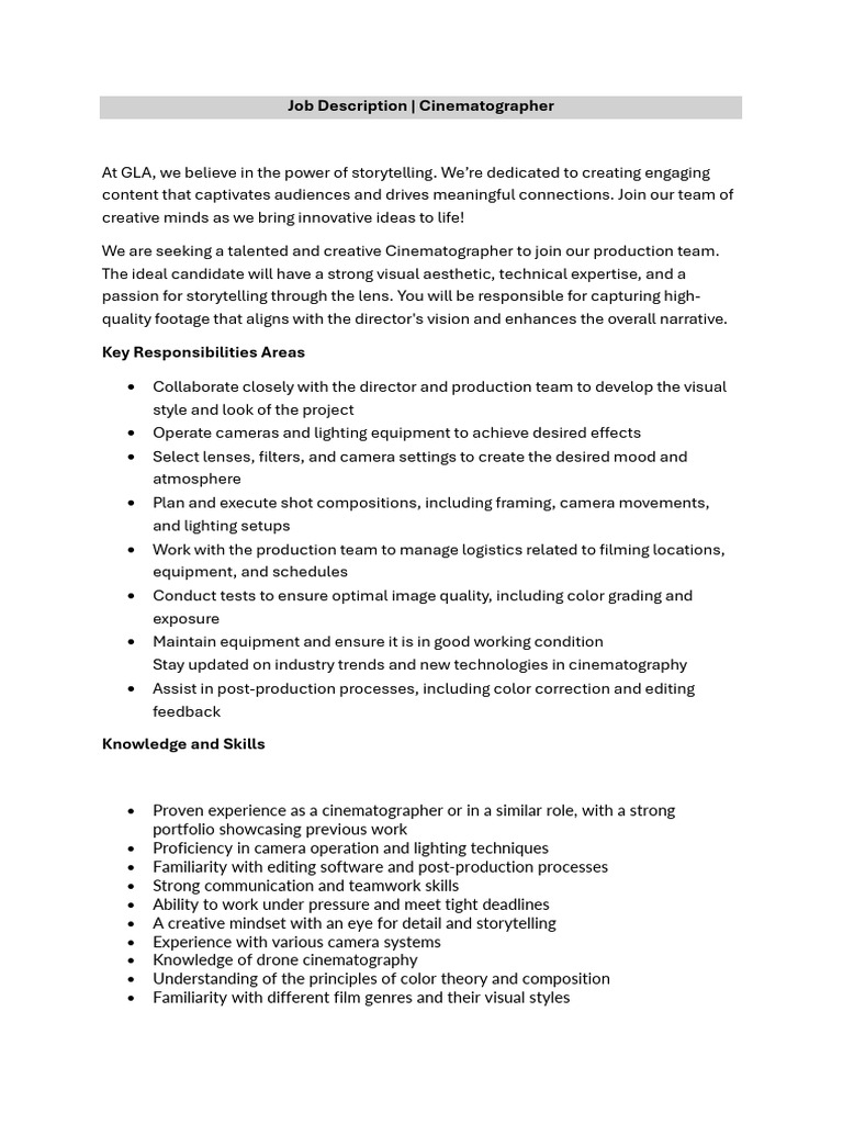 Cinematographer Job Description at GLA | PDF | Art