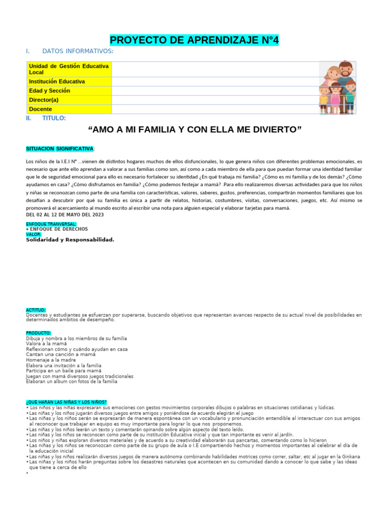 (U) PROYECTO DE APRENDIZAJE MI FAMILIA #4 MAYO 2023 (1) Corregido | PDF ...
