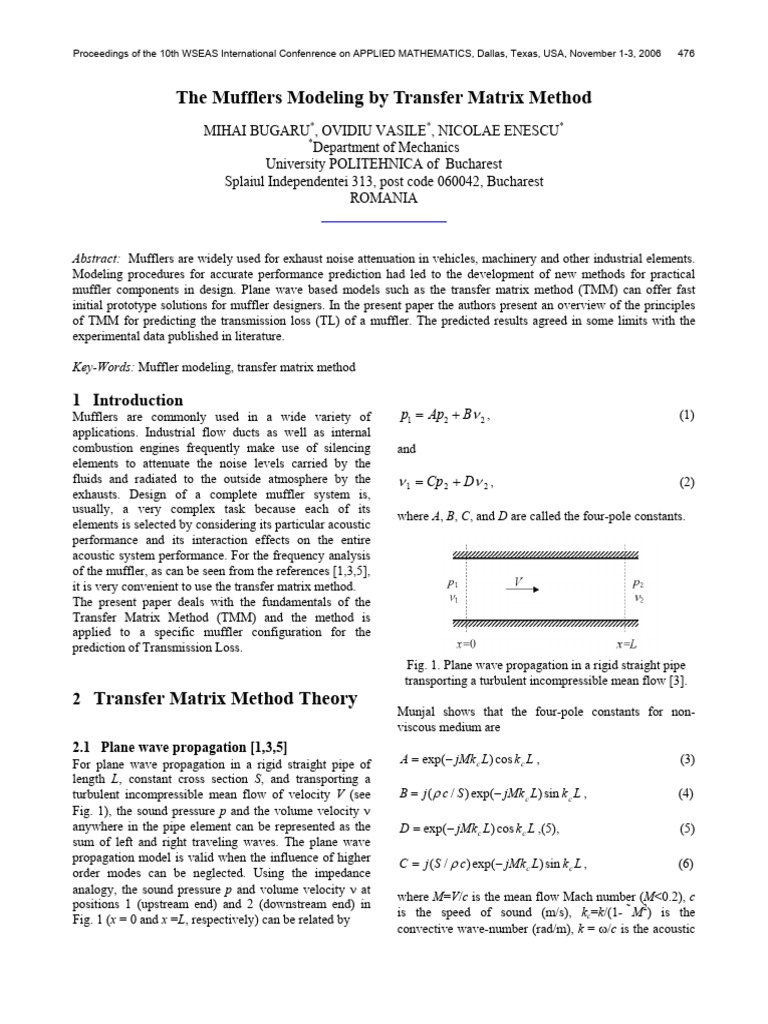 Muffler Performance via Transfer Matrix Method | PDF | Fluid Dynamics ...