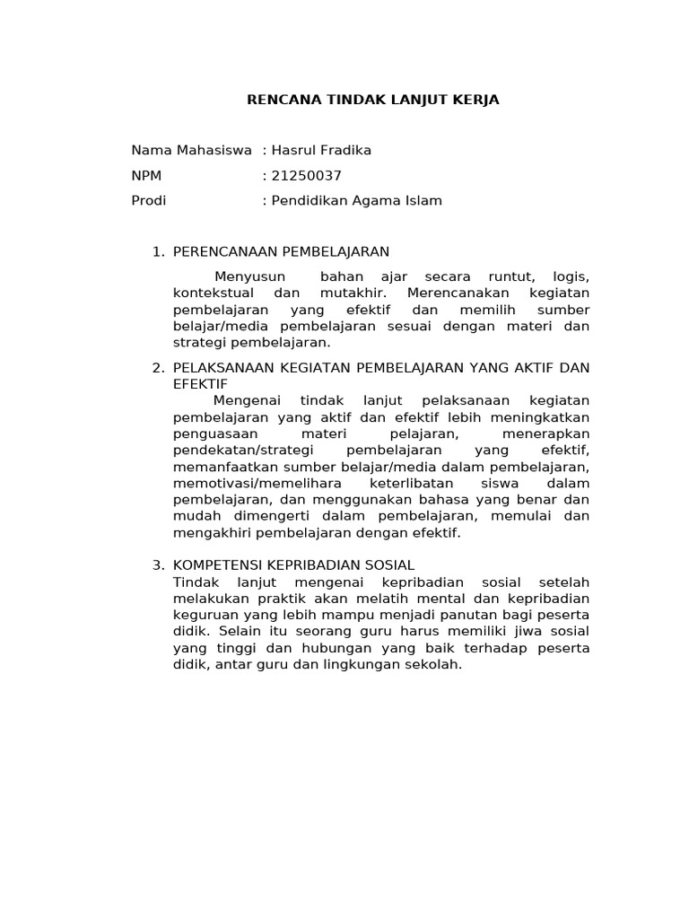 Rencana Tindak Lanjut Pembelajaran Aktif | PDF | Karier & Perkembangan ...