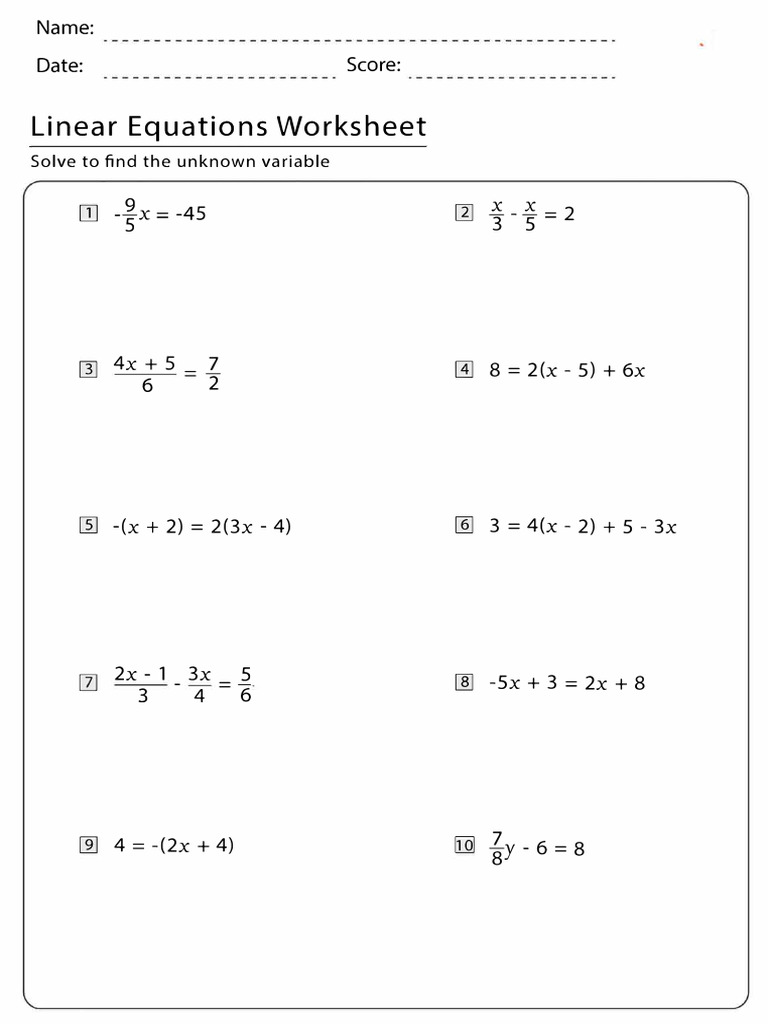 8th Grade Linear Equations Worksheet | PDF