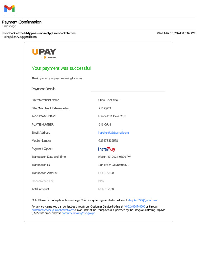 UnionBank Payment Confirmation Details | PDF