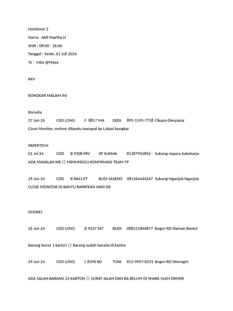Laporan Handover Shift 1 Juli 2024 | PDF