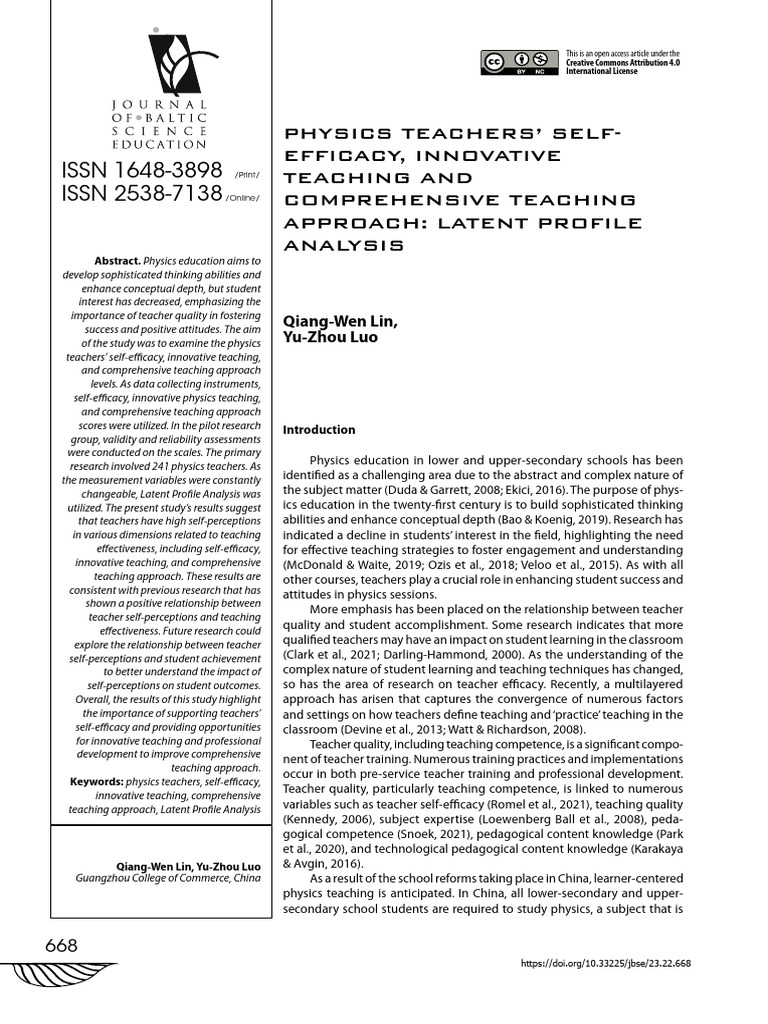Issn 1648 3898 Issn 2538 7138 Pdf Self Efficacy Teachers
