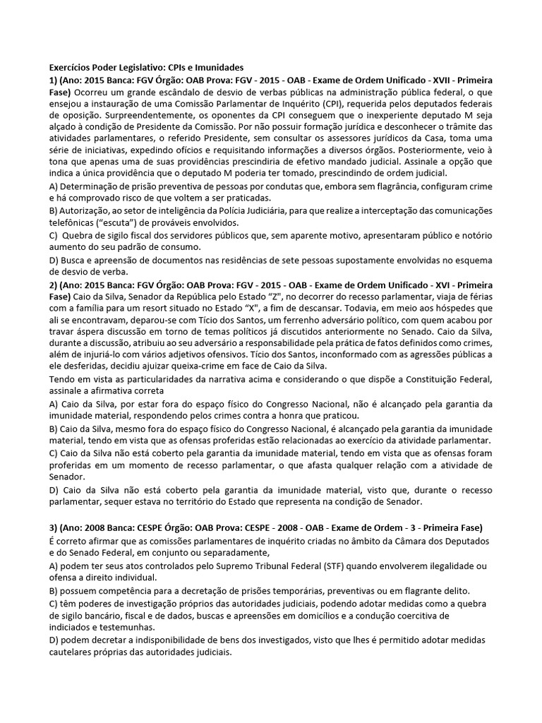 Exercícios sobre CPIs e Imunidades Parlamentares | PDF | Imunidade ...