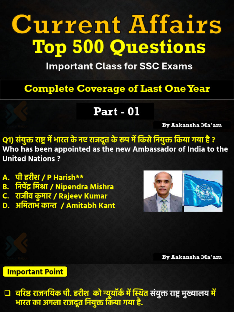 Top 500 Current Affairs Part 1 Best For SSC CGL 2024 | PDF
