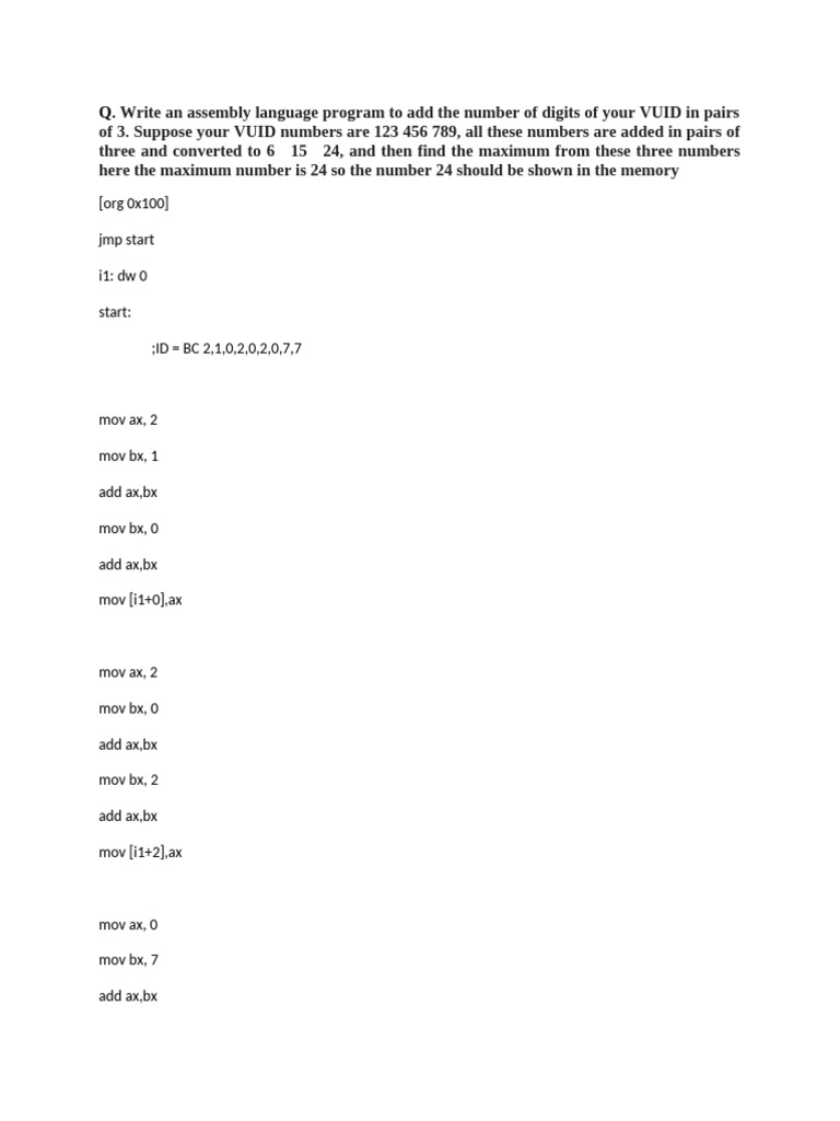 Assembly Program for VUID Digit Addition | PDF | Teaching Methods ...