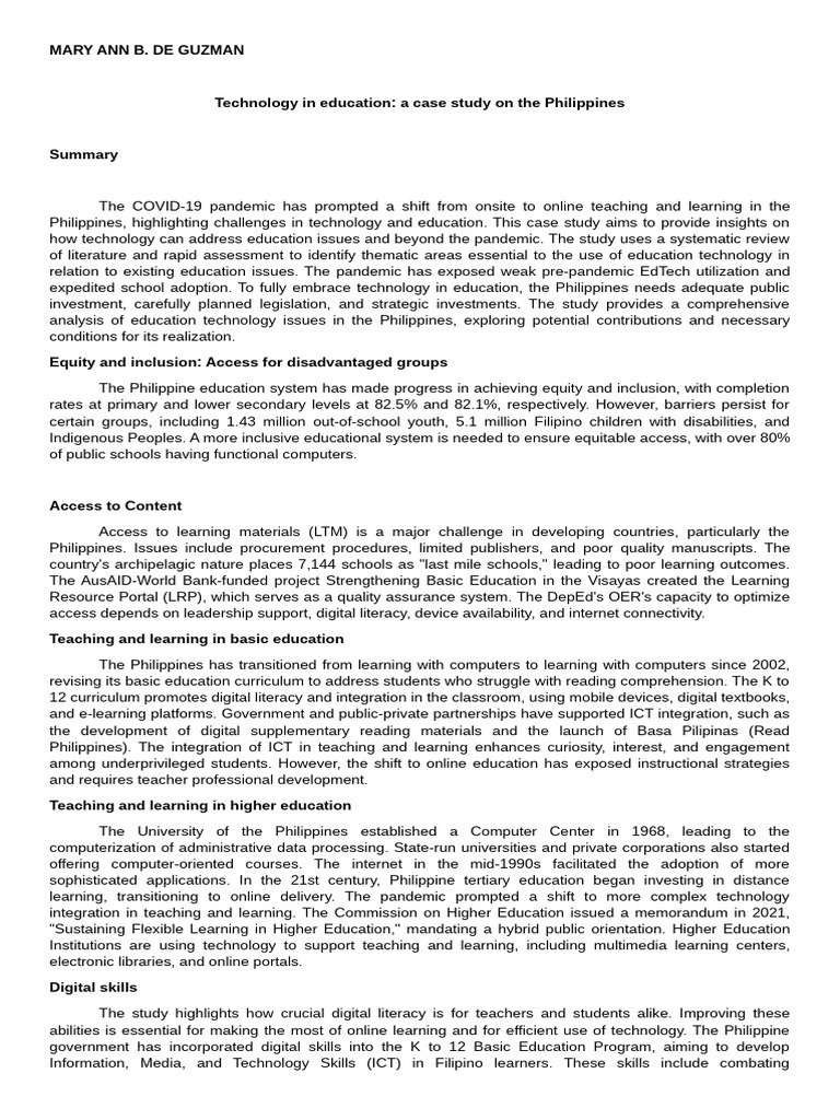 Technology in Philippine Education: A Case Study | PDF | Educational ...