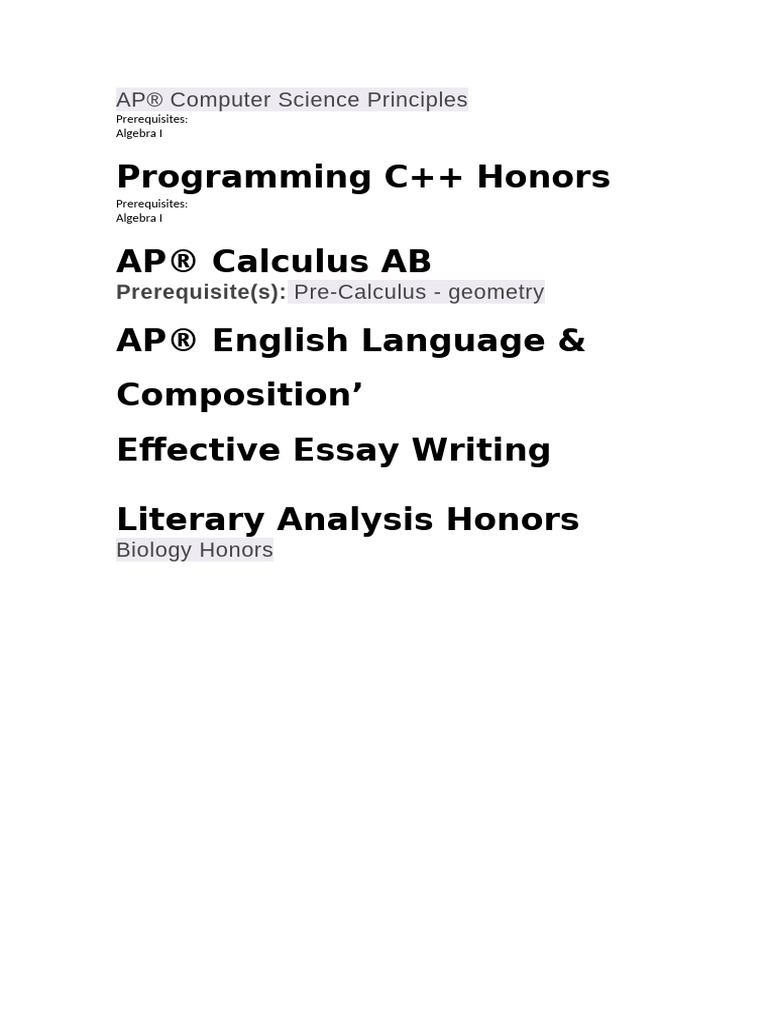 Programming C++ Honors AP® Calculus AB AP® English Language ...