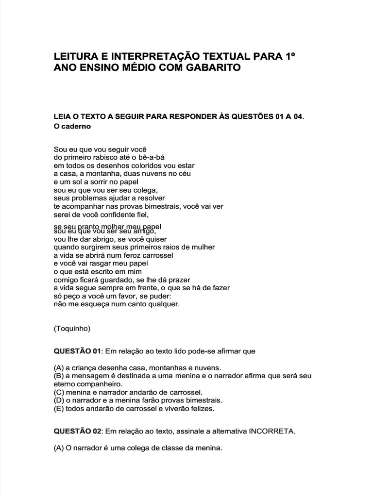Interpretação de Texto: 1º Ano Ensino Médio | PDF | Gramática | Linguística