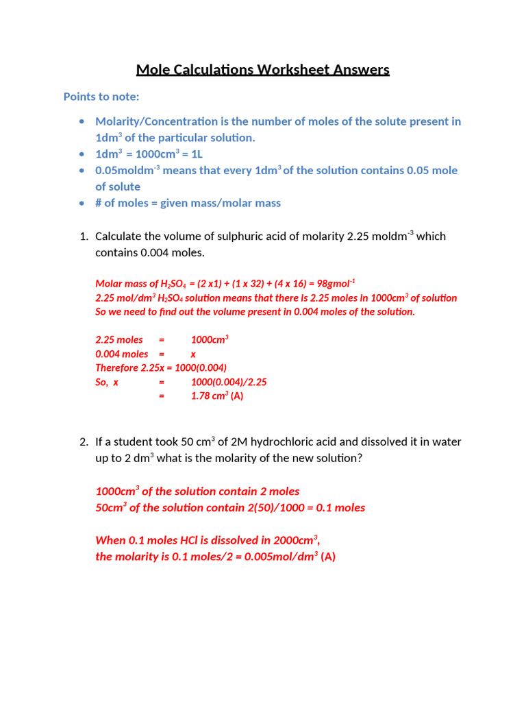 Mole Calculations20Answer20Keys | PDF