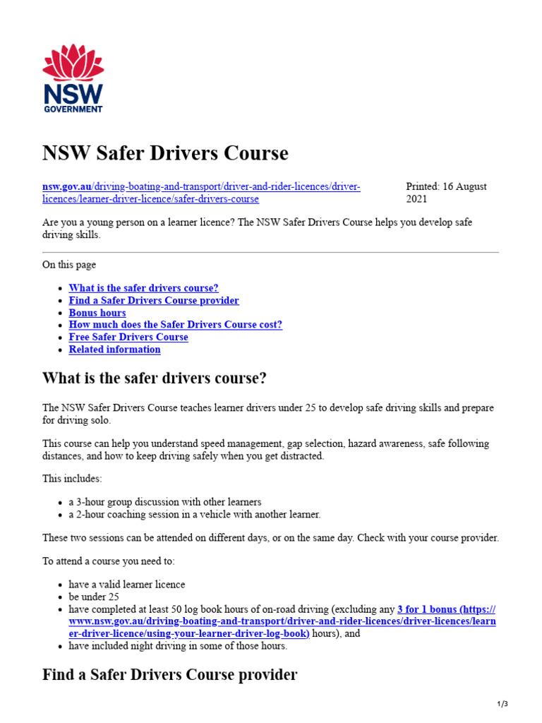 NSW Safer Drivers Course Overview | PDF | Driving | Driver's License