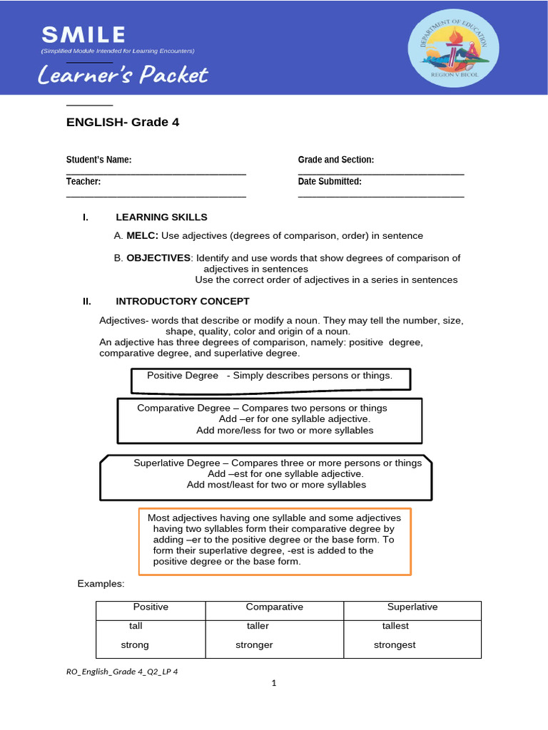 Adjective Usage for Grade 4 Students | PDF | Adjective | Linguistics