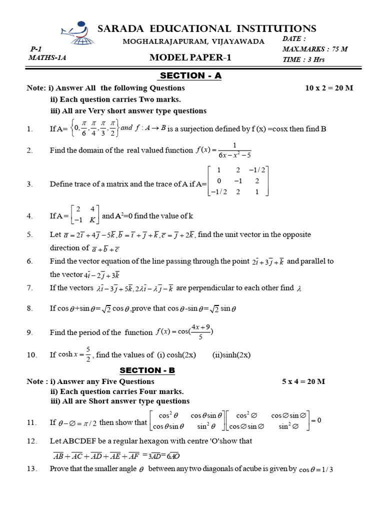 MAT 1A-GUESS PAPERS | PDF | System Of Linear Equations | Matrix ...