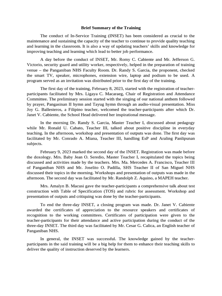 Brief Summary of The Training | PDF | Teachers | Learning