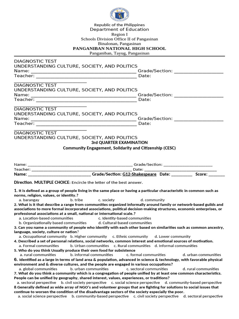 Cesc Quarter Exam | PDF | Community | Naturalization