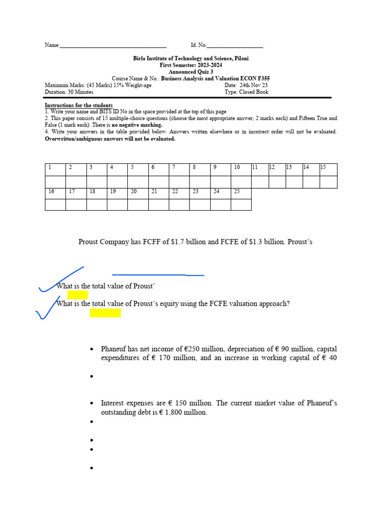 Quiz 3 Standard Solution | PDF | Valuation (Finance) | Free Cash Flow