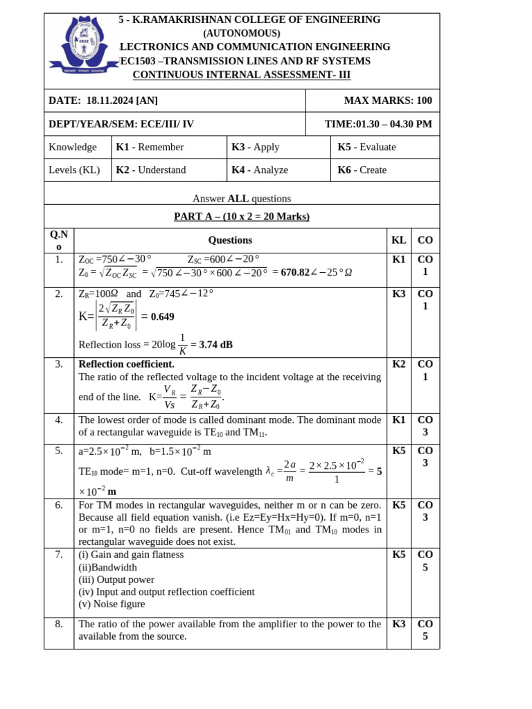 ECE Transmission Lines Assessment 2024 | PDF | Signal To Noise Ratio ...