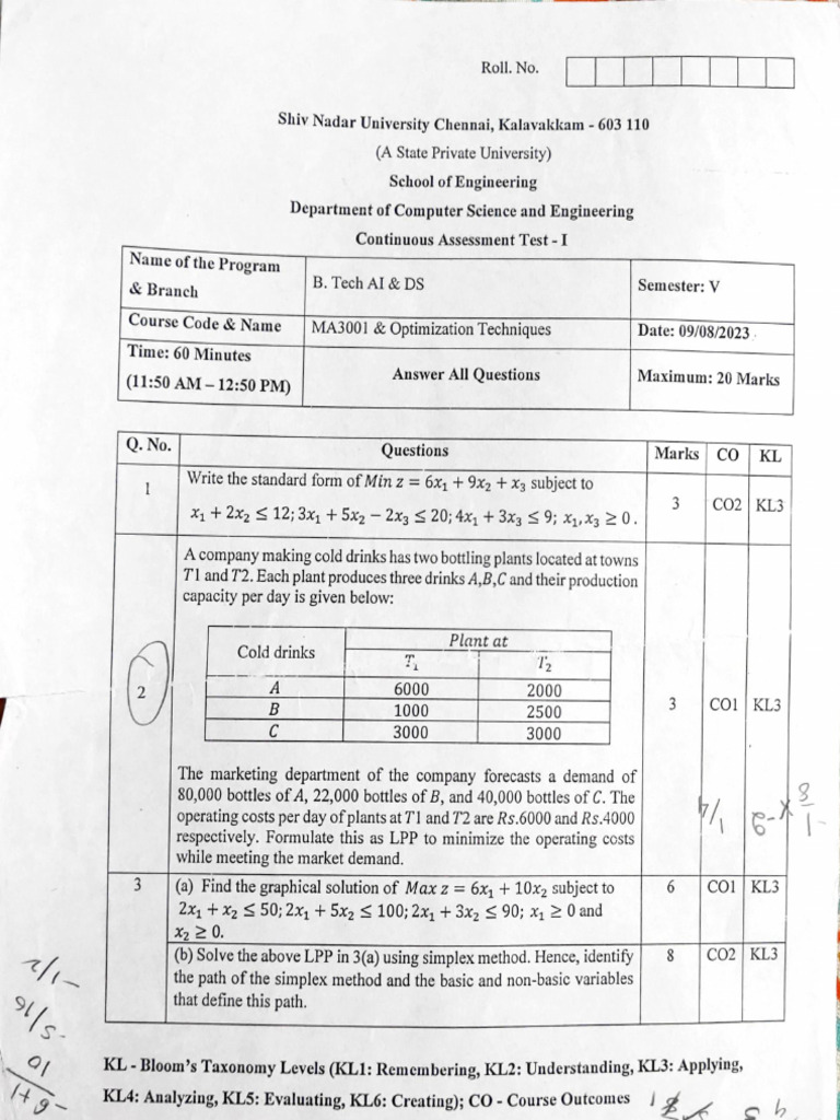 Optimization Techniques Exam Paper | PDF | Mathematical Optimization ...