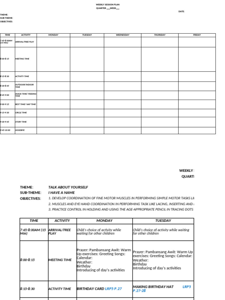 Weekly Activity Plan Form | PDF | Language Arts & Discipline | Religion ...