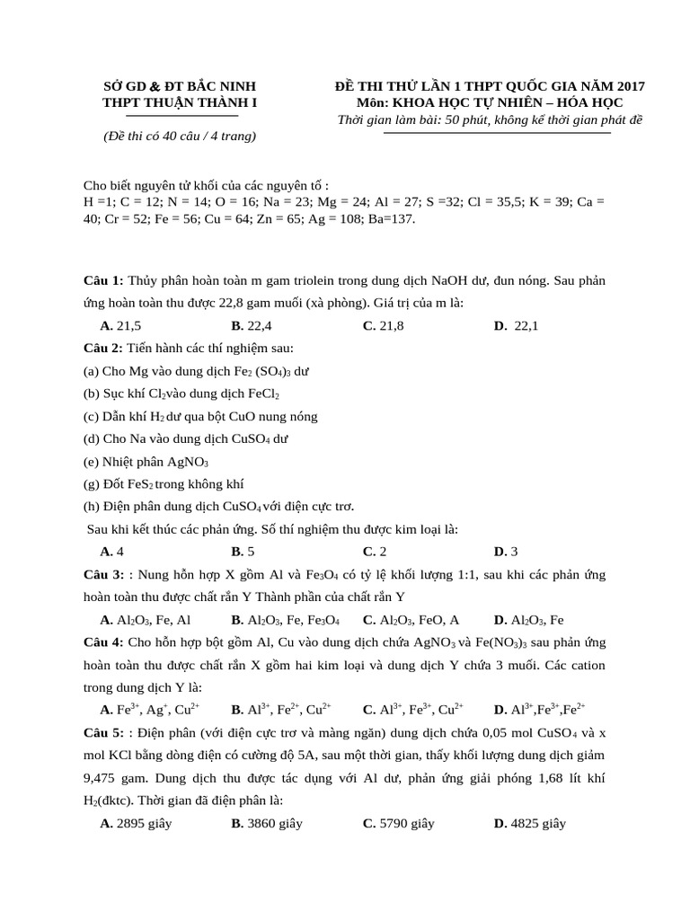 THPT Thuan Thanh I Nam 2017 Lan 1 Co Loi Giai | PDF