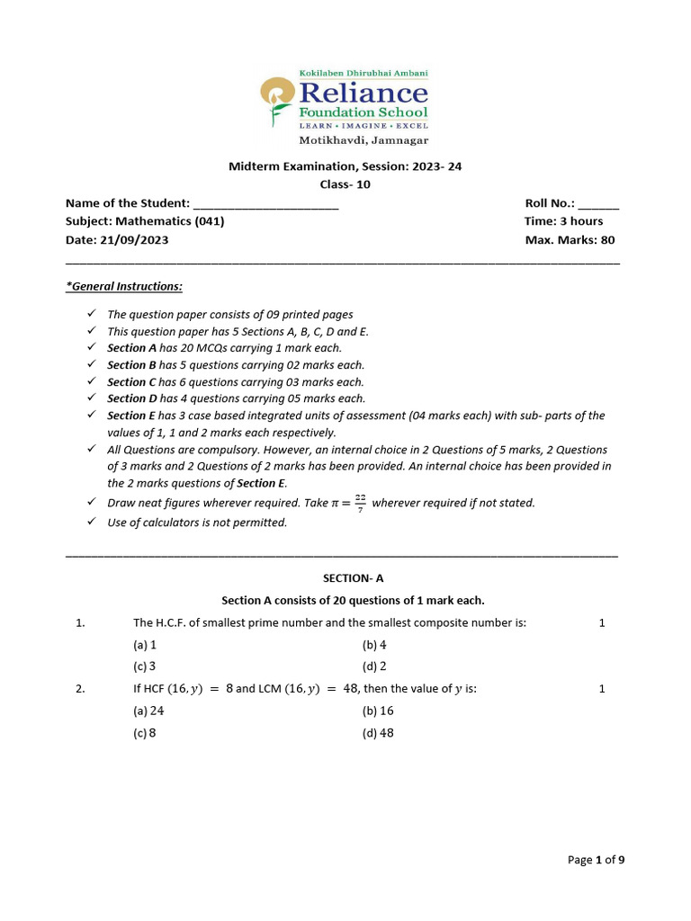 10 HY Mathematics 2023-24 | PDF | Polynomial | Equations