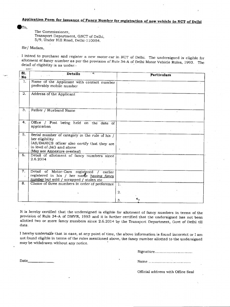 Application For Allotment of A Fancy Number For Registration of New ...