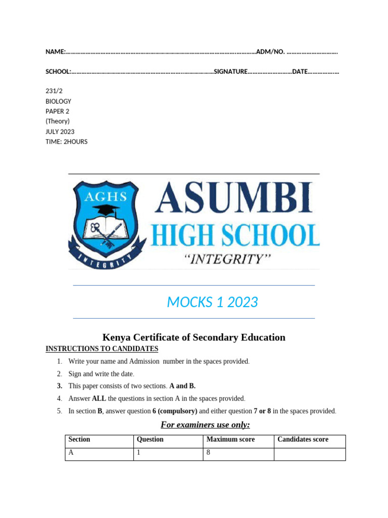 Biology Mock Exam Paper 2 - July 2023 | PDF | Biology
