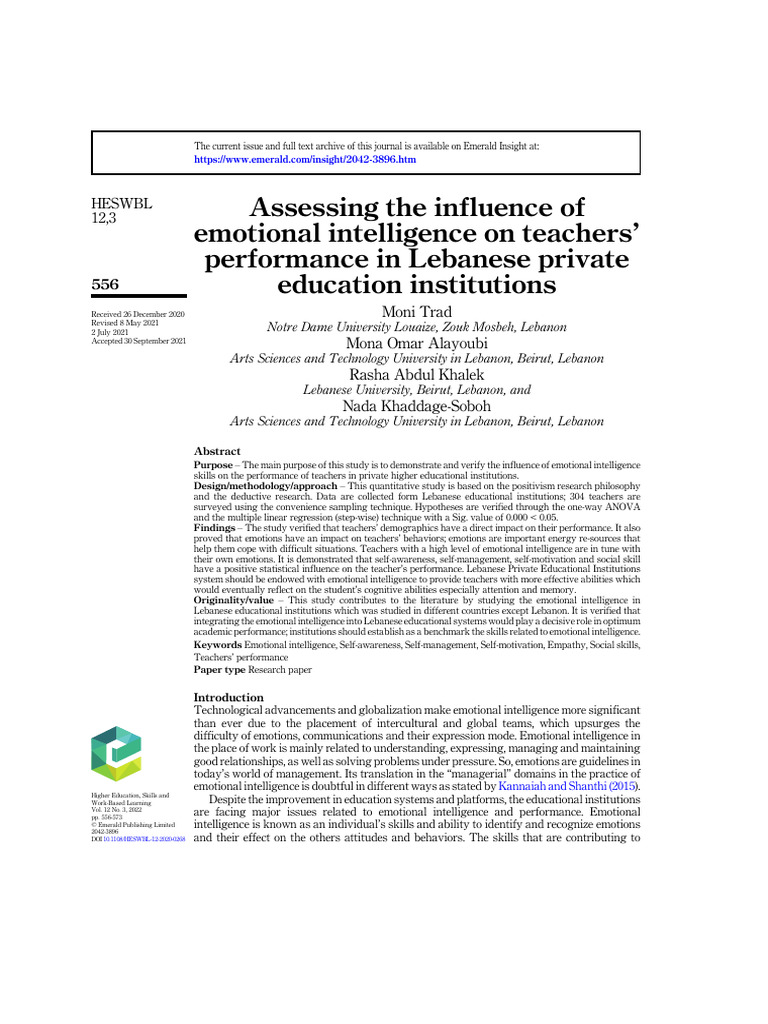 Assessing The Influence of Emotional Intelligence On Teachers ...