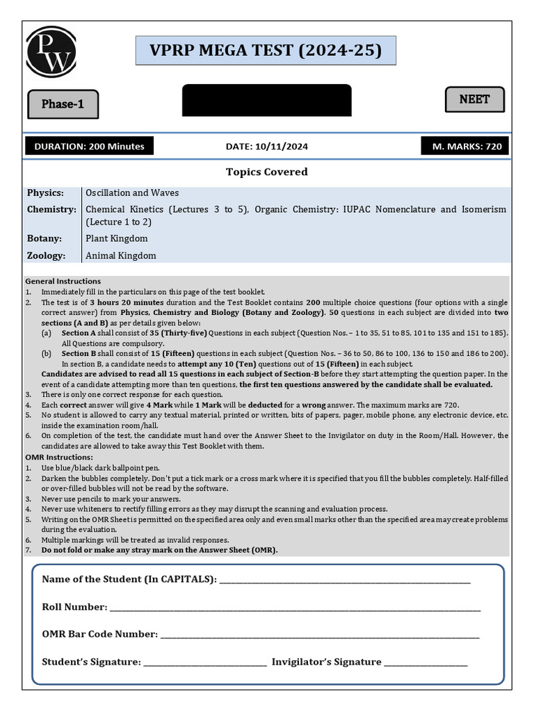 NEET 2024-25 Mega Test Overview | PDF | Waves | Sound