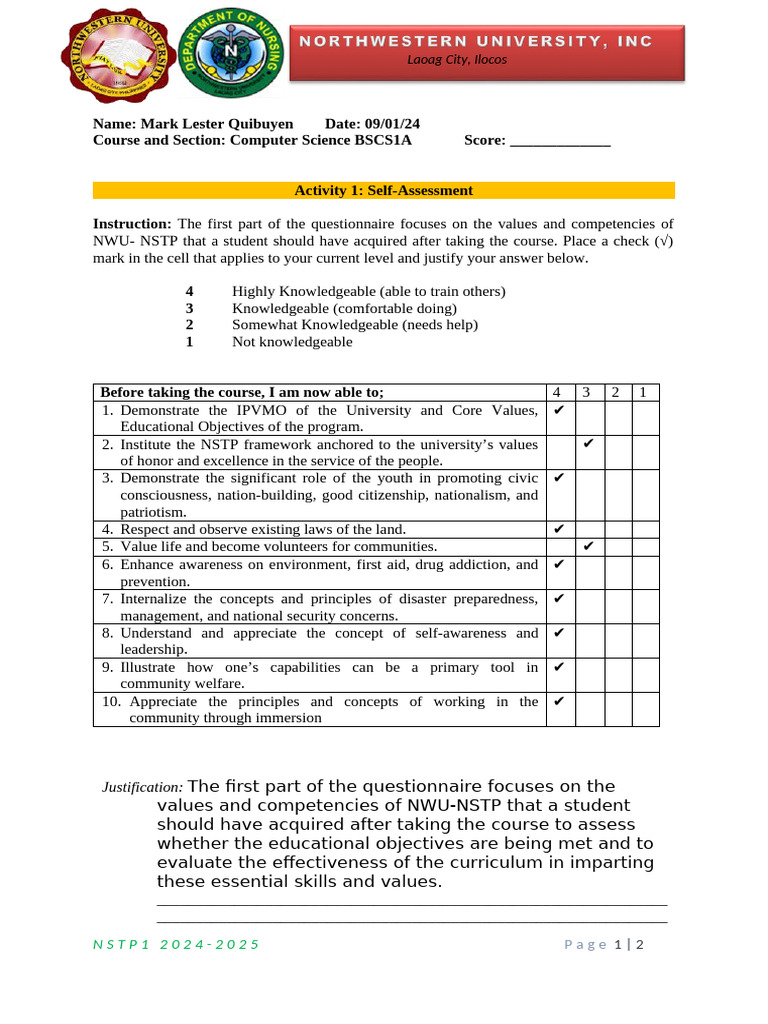 Activity+1+Self+Assessment Copy | PDF | Cognition