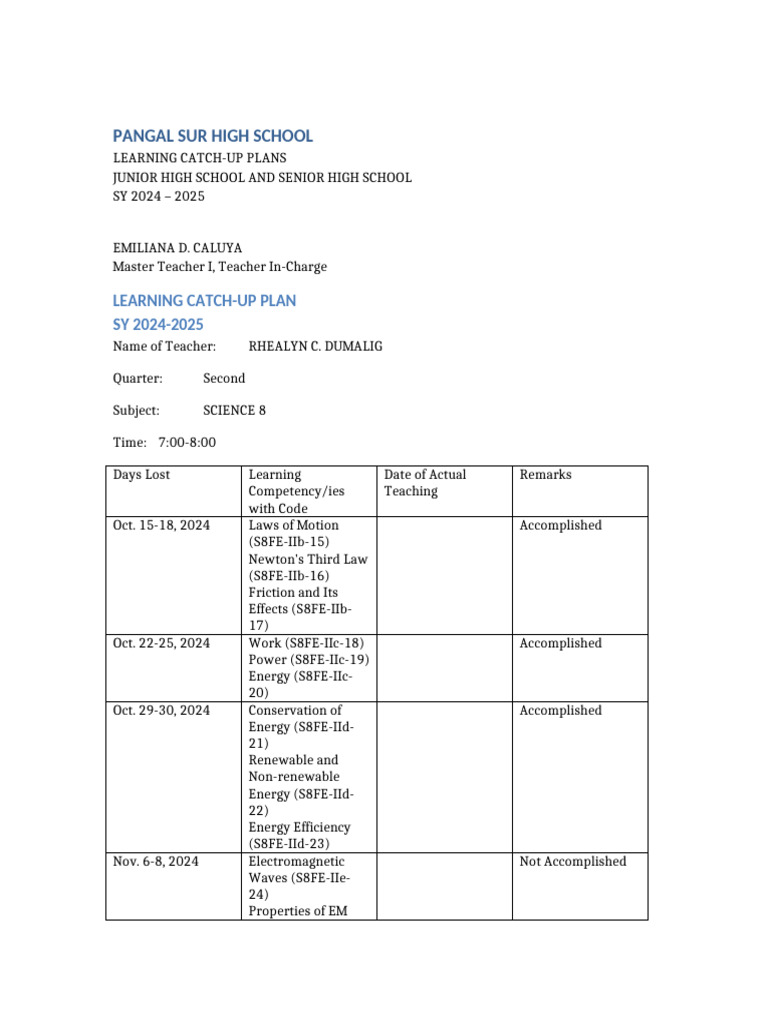 Learning Catch Up Plan Updated | PDF | Light | Physical Phenomena