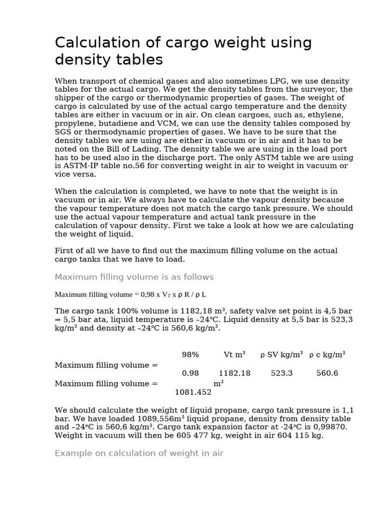 Cargo Weight Calculation for Chemical Gases | PDF | Pressure | Density