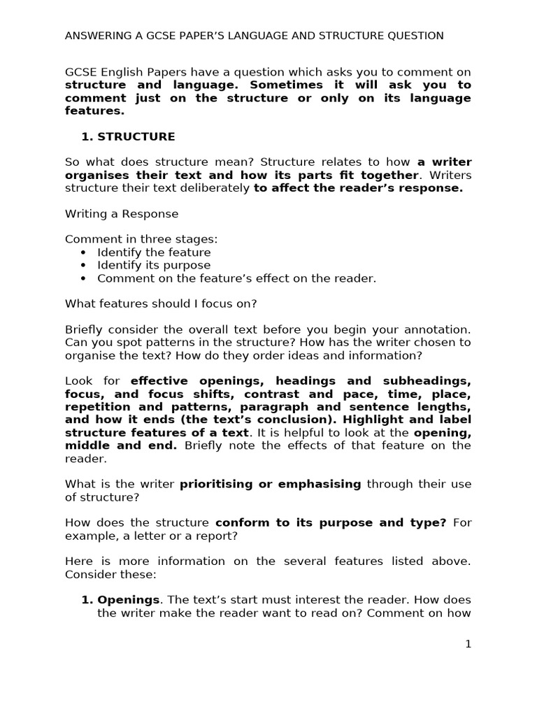 STRUCTURE IN GCSE ENGLISH LANG AND LIT AND HOW TO ANSWER QUESTION ON ...
