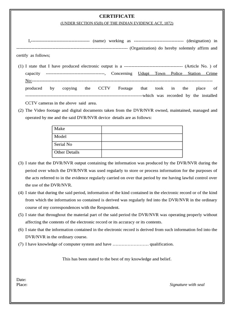 65B Certificate for CCTV Footage | PDF | Digital Video Recorder ...
