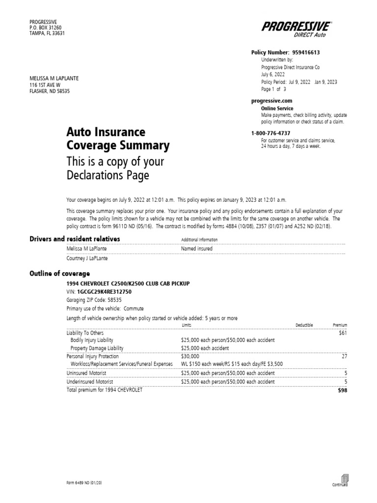 Progressive Insurance Declarations Page | PDF | Insurance | Vehicles