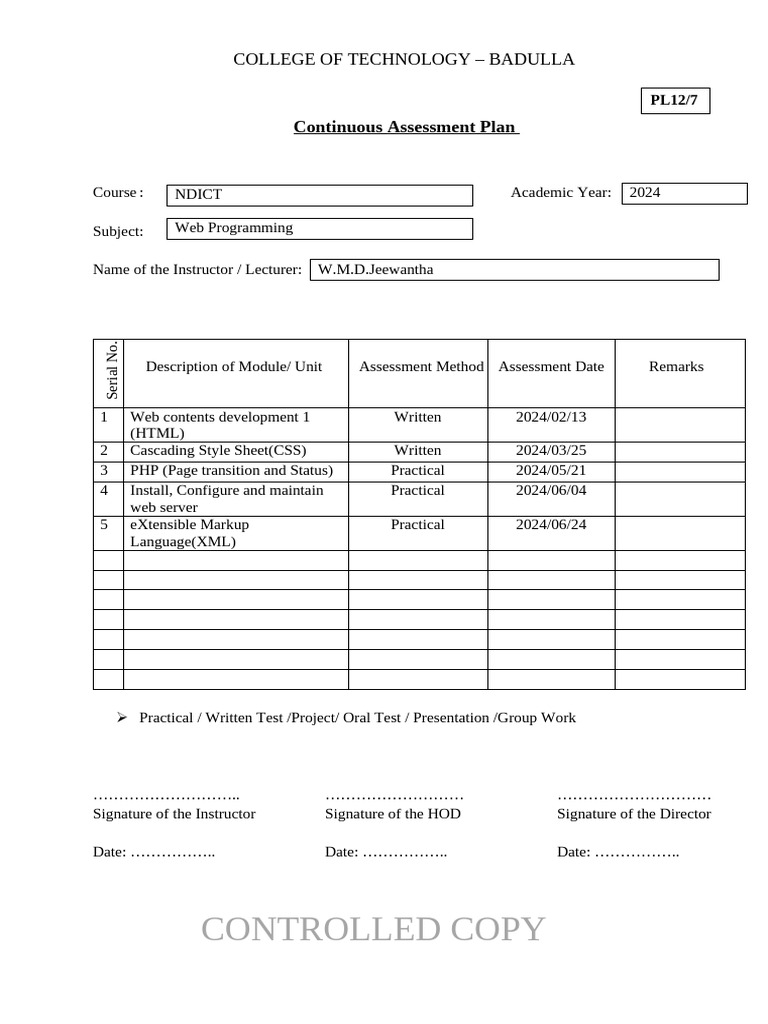 15-Continuous Assesment Plan PL12-7 | PDF | World Wide Web | Internet & Web
