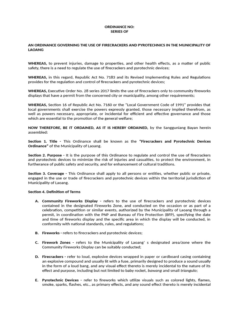 Laoang Firecrackers Regulation Ordinance | PDF | Fireworks | Justice