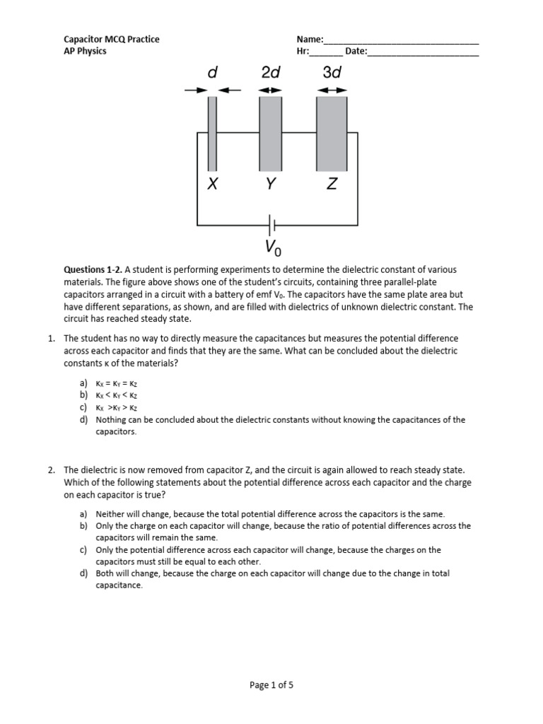 Capacitor mcq practice pdf capacitor capacitance