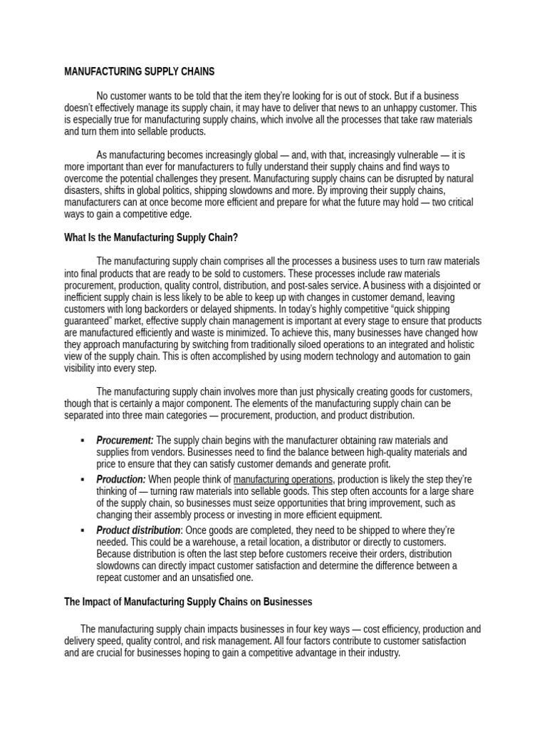 Manufacturing Supply Chains | PDF | Supply Chain | Risk Management