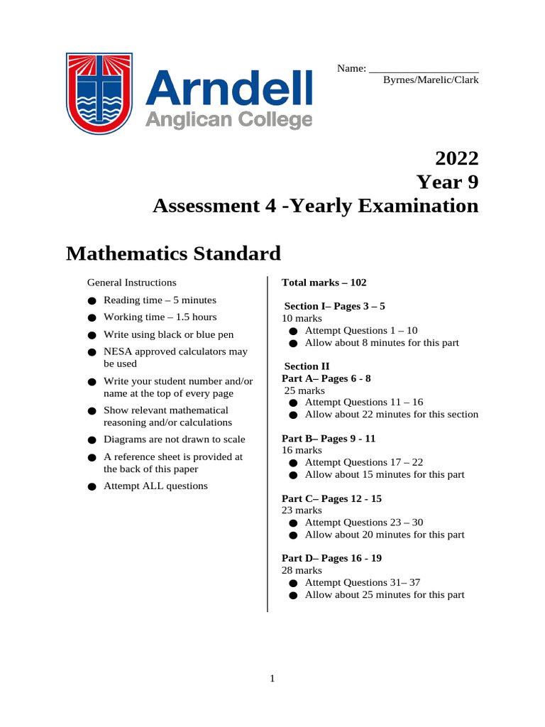 22 Yr 9 Maths STD AT4 TEST PAPER | PDF | Area | Significant Figures