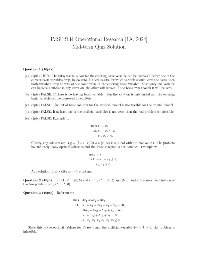 Midterm Quiz Solutions for IMSE2134 | PDF