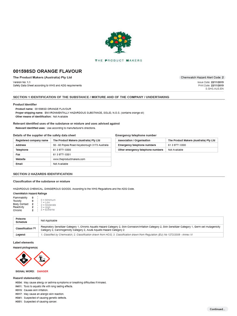 Safety Data Sheet for Orange Flavour | PDF | Dangerous Goods | Allergy