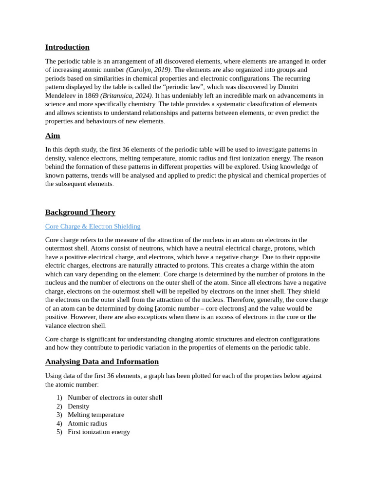 Depth Study Chemistry Report Periodic Variation | PDF | Ion | Atoms